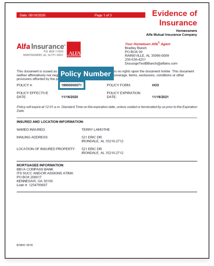 Sample Homeowners Evidence of Insurance Page | Alfa Insurance